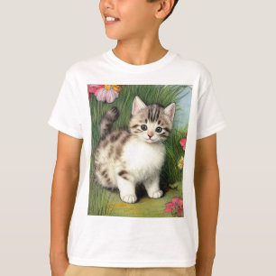 Camiseta Ilustração de Gato Vintage com Flores Vermelhas