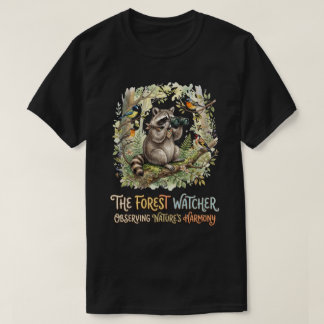 Camiseta Ilustração de Guaxinim Observando Pássaros na Flor