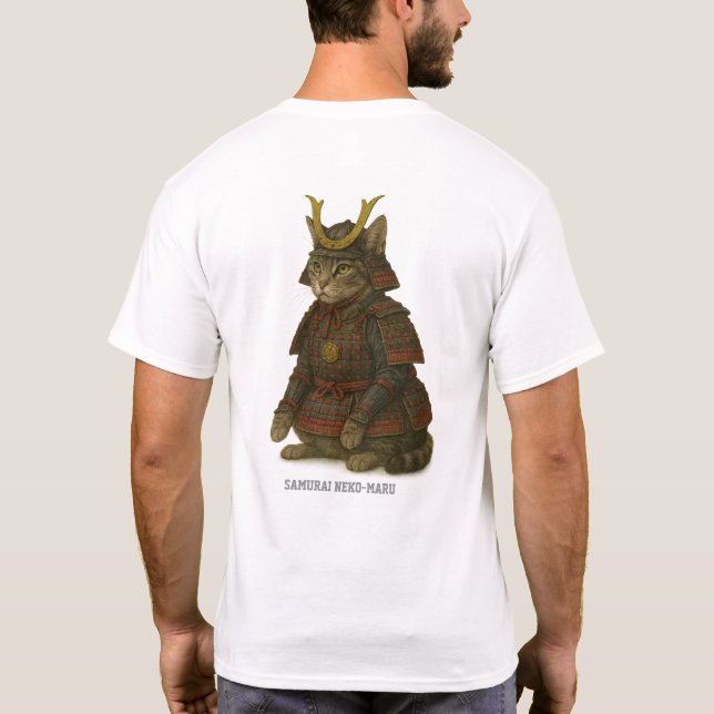 Camiseta Ilustração de Guerreiro de Gato Armado (Verso)