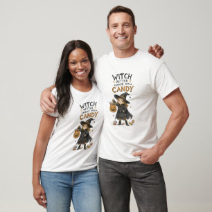 Camiseta Ilustração de Halloween 'Bruxa Melhor Ter Meu Doce