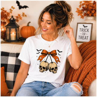 Camiseta Ilustração de Halloween com Crânio e Laço Coquette