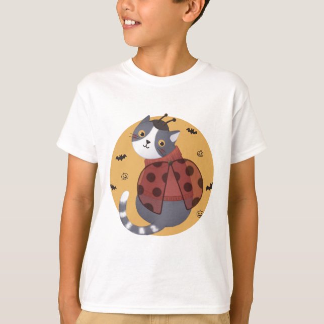 Camiseta Ilustração de Halloween: Gato de Ladybug (Frente)