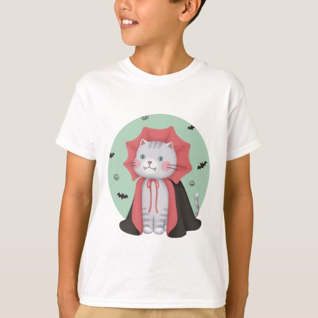 Camiseta Ilustração de Halloween: Gato de Vampiro (Frente)