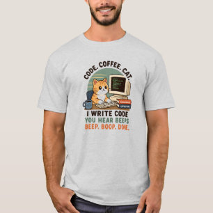 Camiseta Ilustração de Humor de Programador de Gato de Café