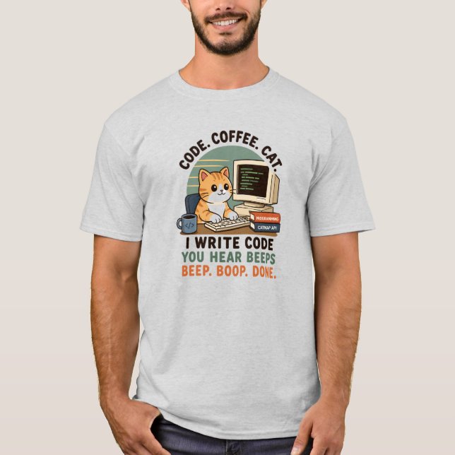 Camiseta Ilustração de Humor de Programador de Gato de Café (Frente)