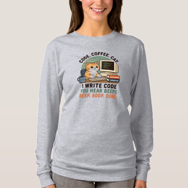 Camiseta Ilustração de Humor de Programador de Gato de Café (Frente)