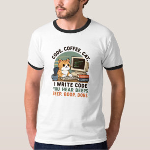 Camiseta Ilustração de Humor de Programador de Gato de Café