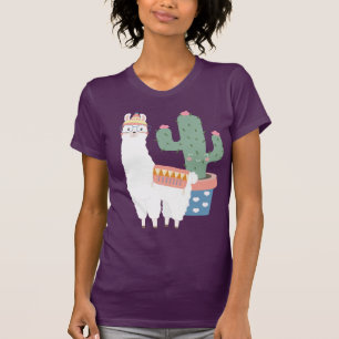 Camiseta Ilustração de Kawaii Llama e Cactus