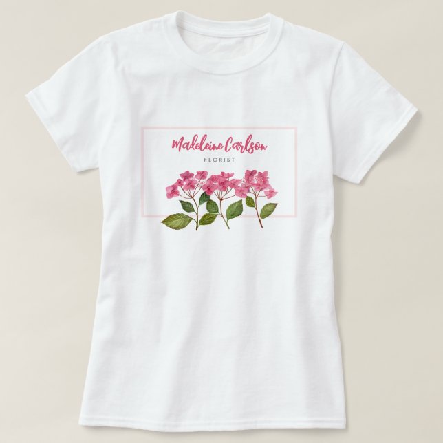 Camiseta Ilustração de Lacecaps de Hydrangea Pink de Aquare (Frente do Design)
