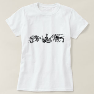 Camiseta Ilustração de Lagosta de Octopus Negro e Peixes