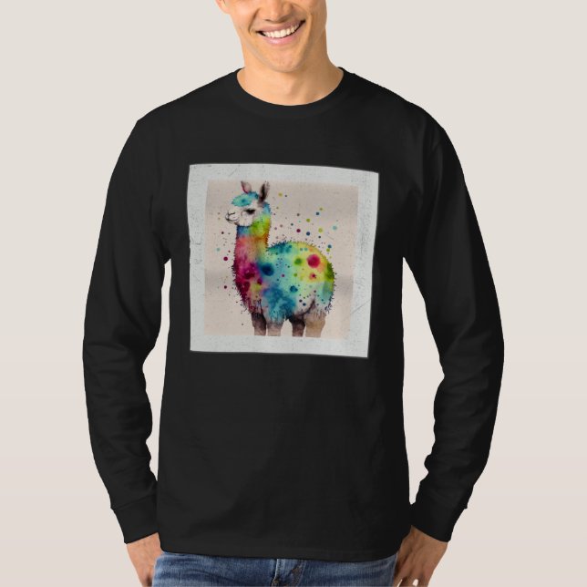 Camiseta Ilustração de Llama de Arco-íris Fofo com Manchas  (Frente)