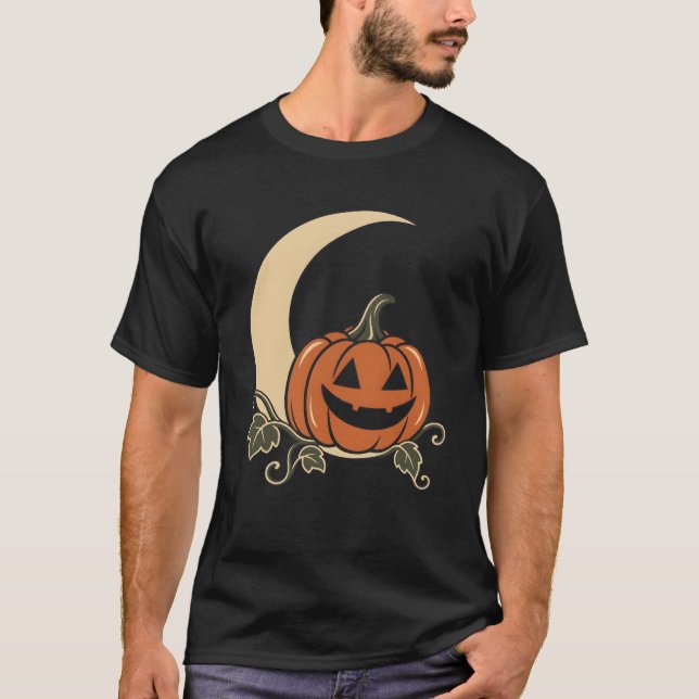 Camiseta Ilustração de Lua Crescente de Abóbora de Hallowee (Frente)