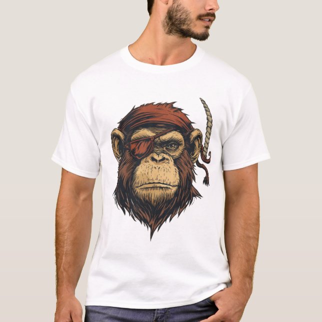 Camiseta Ilustração de Macaco Pirata Negrito (Frente)