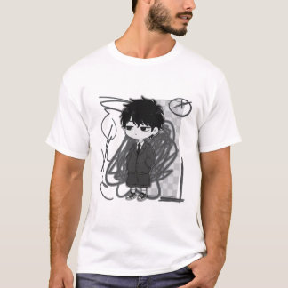 Camiseta Ilustração de menino chibi cansado usando terno co