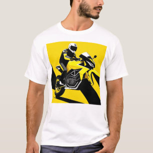 Camiseta Ilustração de Motocicleta de Corrida Amarela e Pil