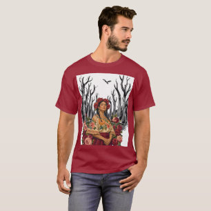 Camiseta Ilustração de Mulher em Arte Popular Floral Vintag