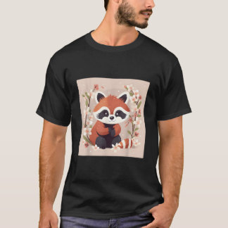 Camiseta Ilustração de Panda Vermelho e Flor de Cerejeira D