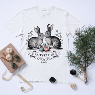 Camiseta Ilustração de Par de Coelho da Páscoa com Ovos