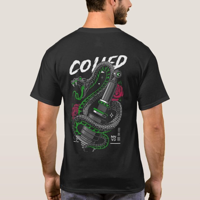 Camiseta Ilustração de Peças de Carro Enroladas com cobra (Verso)