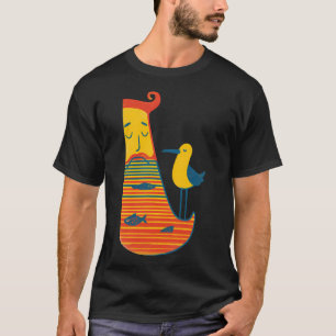 Camiseta Ilustração de Pescador Excêntrico com Pássaro e Pe