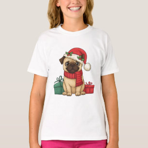 Camiseta Ilustração de presente de Natal do pug fofo do Pap
