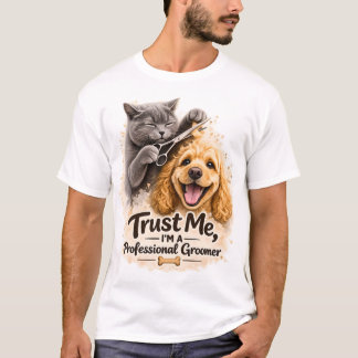 Camiseta Ilustração de Profissional de Pet Divertido Gato e