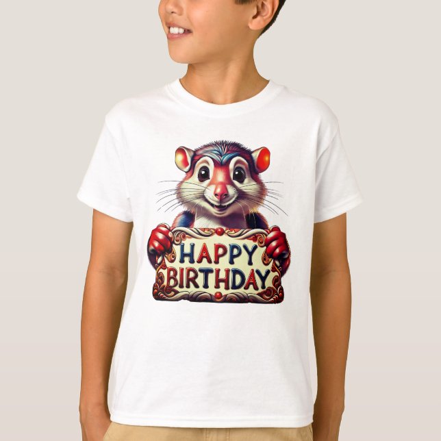 Camiseta Ilustração de Rato Feliz de Aniversário de Cartoon (Frente)