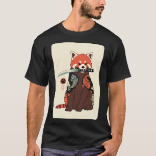 Camiseta Ilustração de Samurai Panda Vermelho Estilo Tatuag
