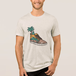 Camiseta Ilustração de Sapato com Palmeira e Onda de Praia