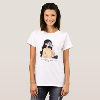Camiseta Ilustração de selfie de garota estética Bonjour