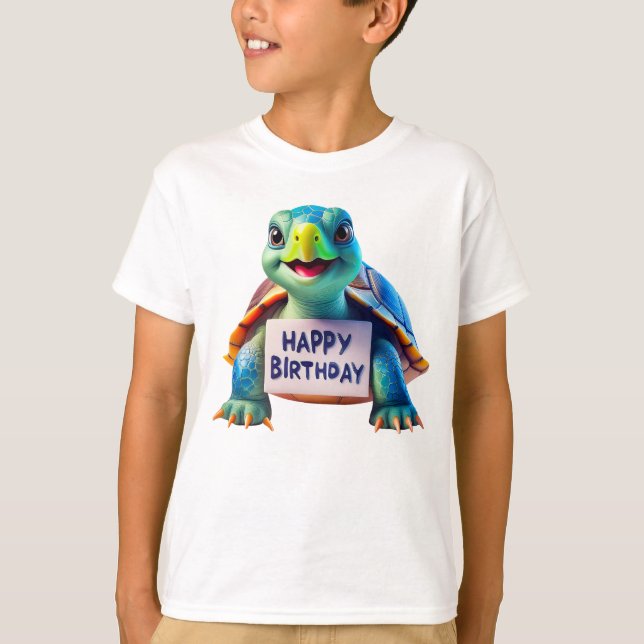 Camiseta Ilustração de Tartaruga Fofa de Aniversário de Des (Frente)