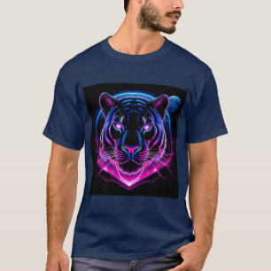 Camiseta Ilustração de Tigre Neon com Formas Geométricas