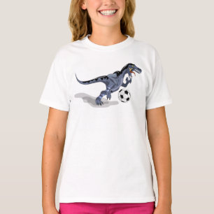 Camiseta Ilustração De Um Dinossauro Raptor Jogando Futebol