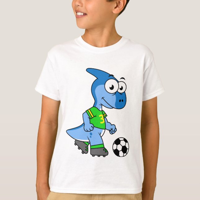 Camiseta Ilustração De Um Parasaurolofo Jogando Futebol. (Frente)