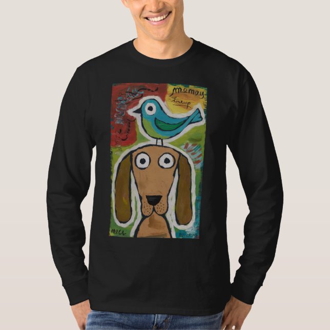 Camiseta Ilustração de um Pássaro Acima da Cabeça de Cão (Frente)