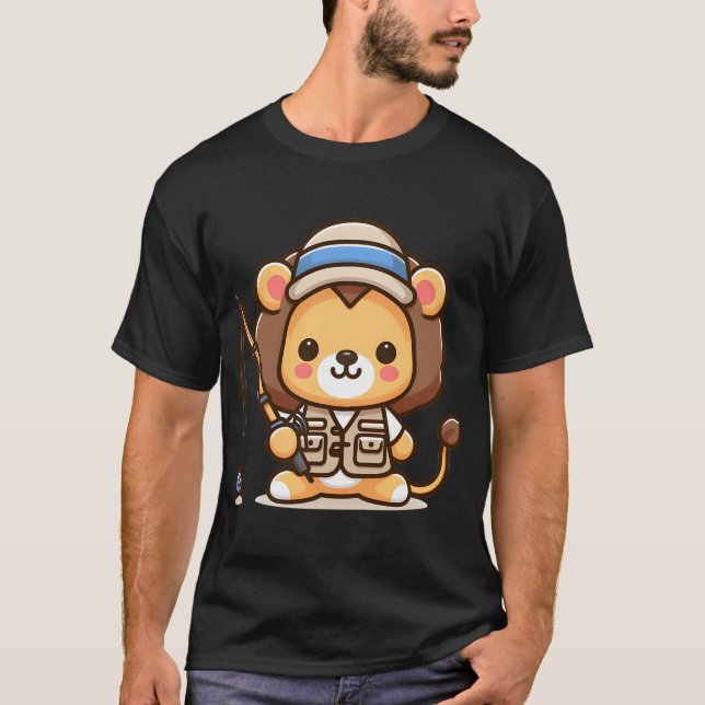 Camiseta Ilustração de um urso fofo com um peixe e um balde (Frente)