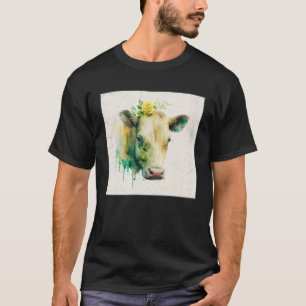Camiseta Ilustração de Vaca Fofa Flores Laefy Verde Mulhere