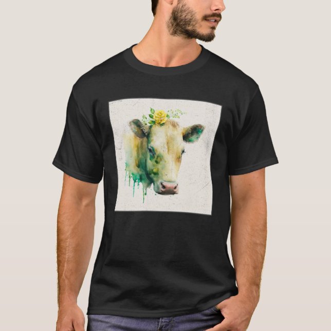 Camiseta Ilustração de Vaca Fofa Flores Laefy Verde Mulhere (Frente)