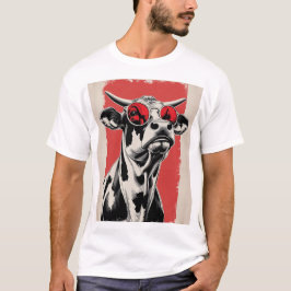 Camiseta Ilustração de Vaca Negra com Óculos de Sol Vermelh