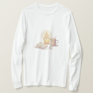 Camiseta Ilustração de Vela Aconchegante e Chocolate Quente