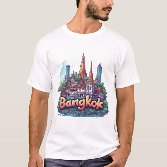 Camiseta Ilustração de Viagem em Banguecoque com Templos Do (Frente)
