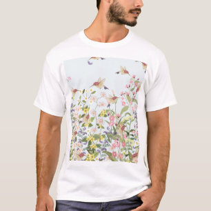 Camiseta Ilustração de Vintagem de Jardim Floral de Humming