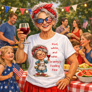 Camiseta Ilustração de Vovó Patriota Bebendo Vinho