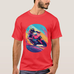 Camiseta Ilustração Dinâmica de Motociclista em Corrida