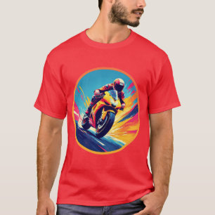 Camiseta Ilustração Dinâmica de Motociclista em Corrida
