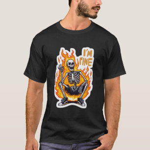 Camiseta Ilustração Divertida de Esqueleto Fino em Chamas A
