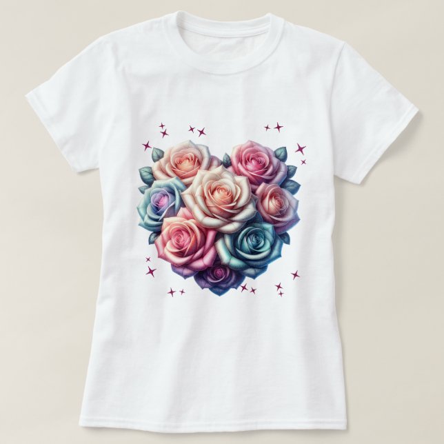 Camiseta Ilustração do Bouquet Rose em Forma de Coração (Frente do Design)