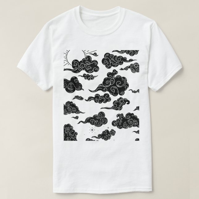 Camiseta Ilustração do céu branco das nuvens negras (Frente do Design)