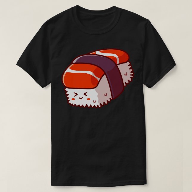 Camiseta Ilustração do desenho animado de salmão de Sushi e (Frente do Design)
