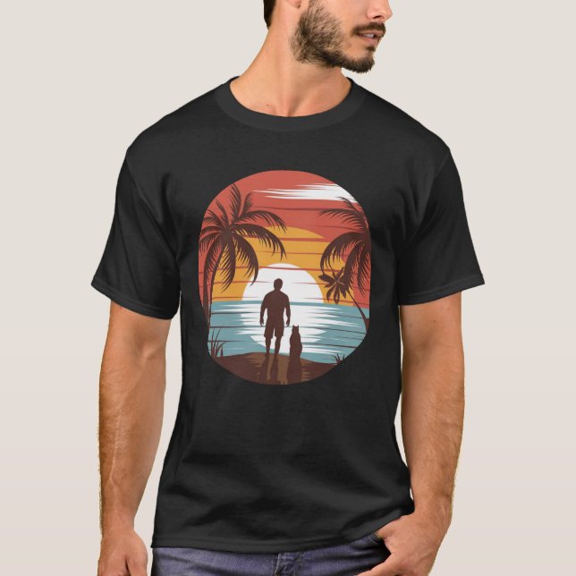 Camiseta Ilustração do Dia da Praia Sunshine - Homem e Gato (Frente)
